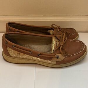 Sperry Topsider Boat Shoes Brown Leather Gold Sequins Women’s Size 9M STS90752